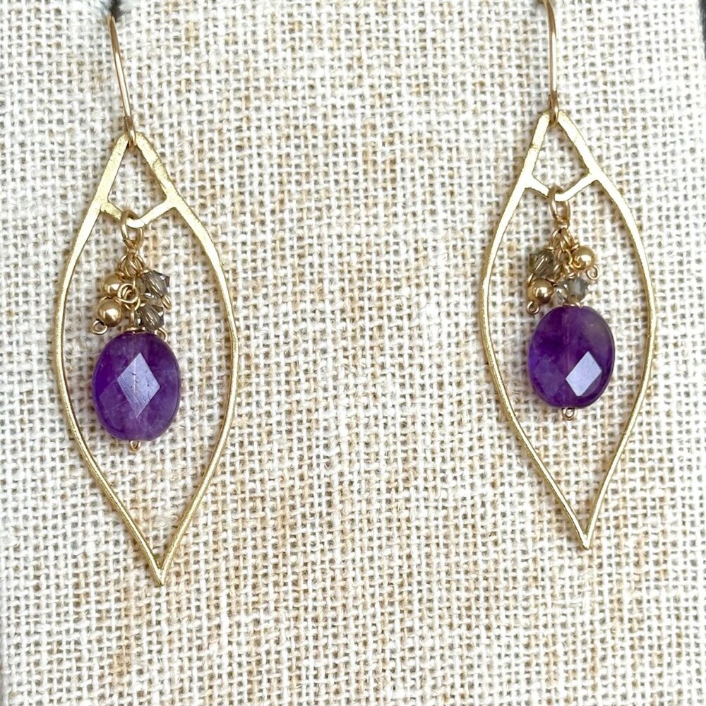 14Kt Gold Fill Amethyst Drop Leaf Earrings Handmade Artisan
